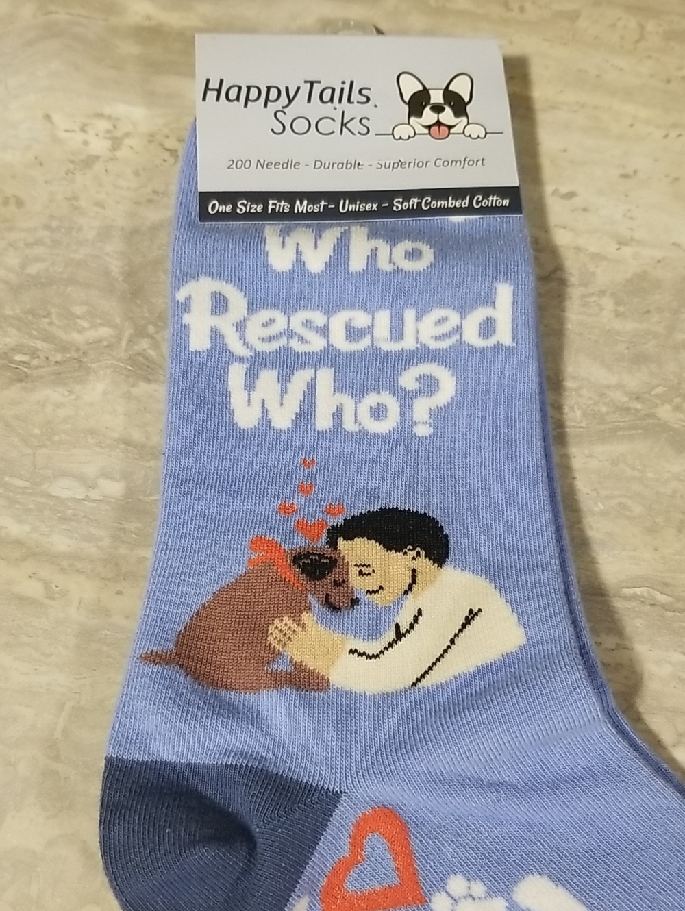 HappyTails Socks  "Who Rescued Who?"  Crew Dog  Socks Unisex One Size fits Most